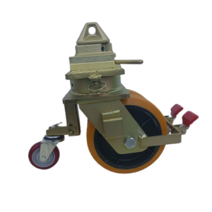 Set of 4 heavy-duty ISO sea container swivel wheels (Ø 250 x 73 mm) with ISO locks, directional locks, and brakes, featuring cast iron cores and polyurethane treads.