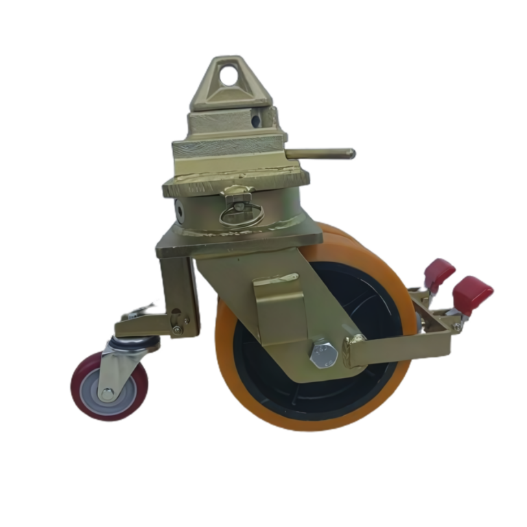 Set of 4 heavy-duty ISO sea container swivel wheels (Ø 250 x 73 mm) with ISO locks, directional locks, and brakes, featuring cast iron cores and polyurethane treads.
