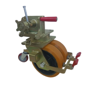 Set of 4 ISO standard sea container wheels (250 mm x 73 mm) with side-lock mechanism, directional locks, brakes, and cast iron cores with polyurethane treads.