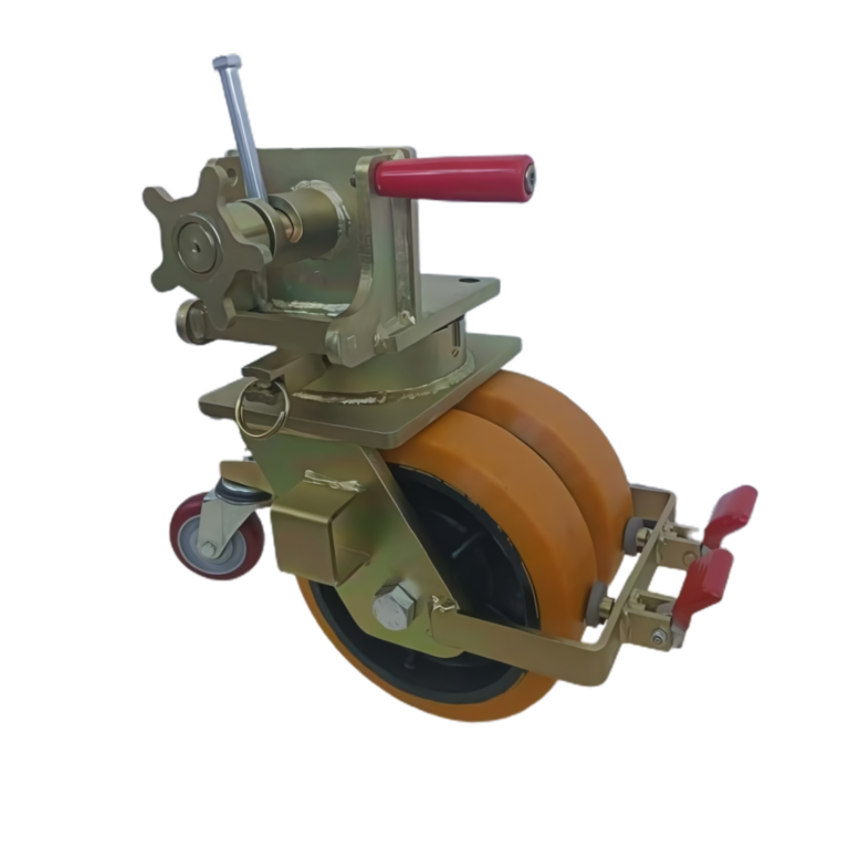Set of 4 ISO standard sea container wheels (250 mm x 73 mm) with side-lock mechanism, directional locks, brakes, and cast iron cores with polyurethane treads.