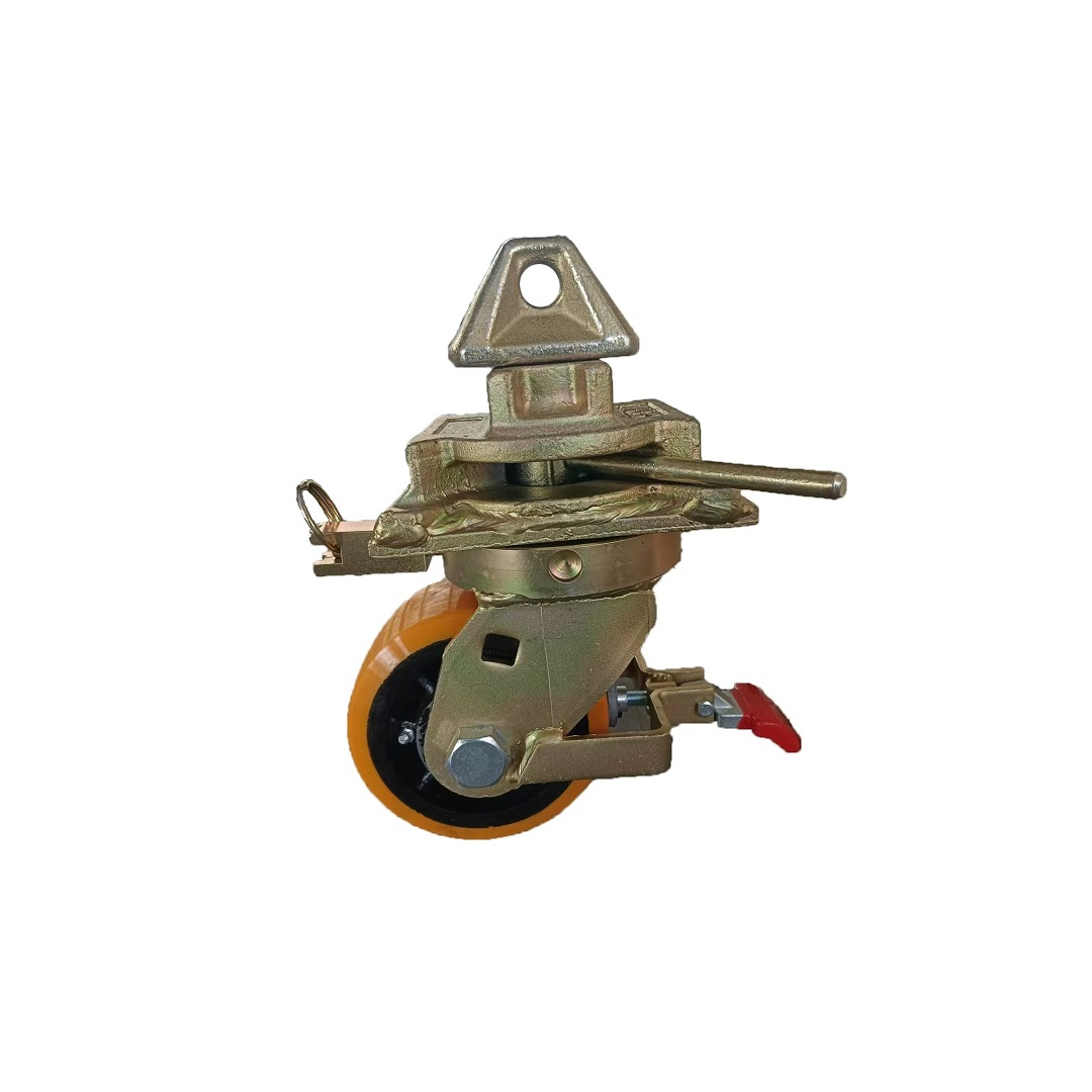 Twistlock Dynamics Compact shipping container caster, featuring a durable polyurethane wheel, cast iron core, and integrated twistlock mechanism for secure attachment to ISO container corners.