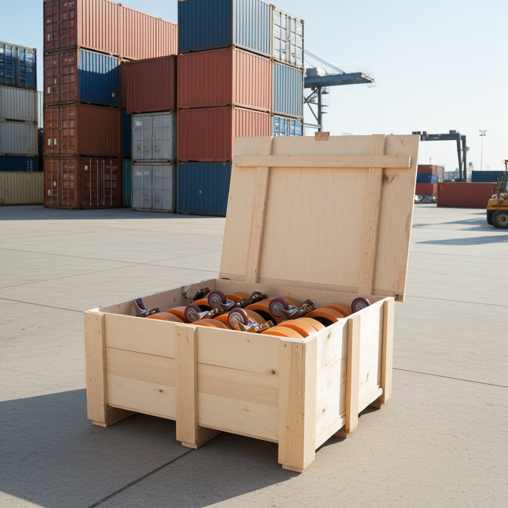Heavy-duty container wheel attached to a storage container for easy maneuvering on construction sites and in warehouses.
