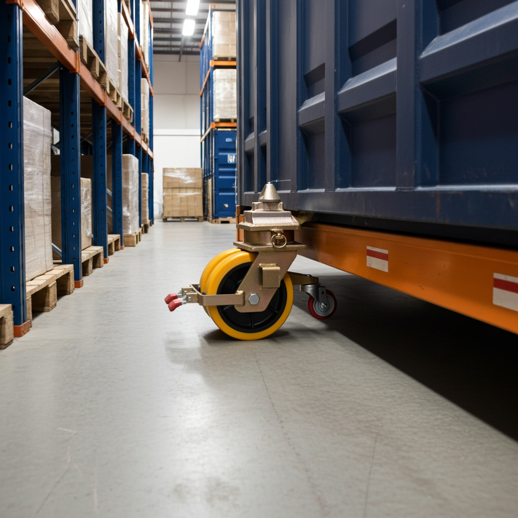 Industrial-grade container wheel system for transporting shipping containers with ease across flat surfaces.