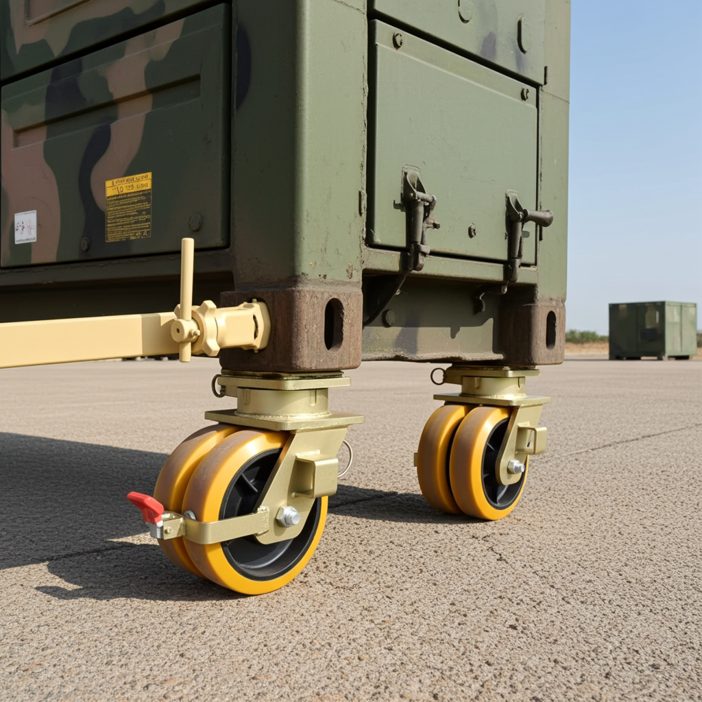 Industrial container caster wheel attached to a rolling container, built for heavy loads and smooth movement