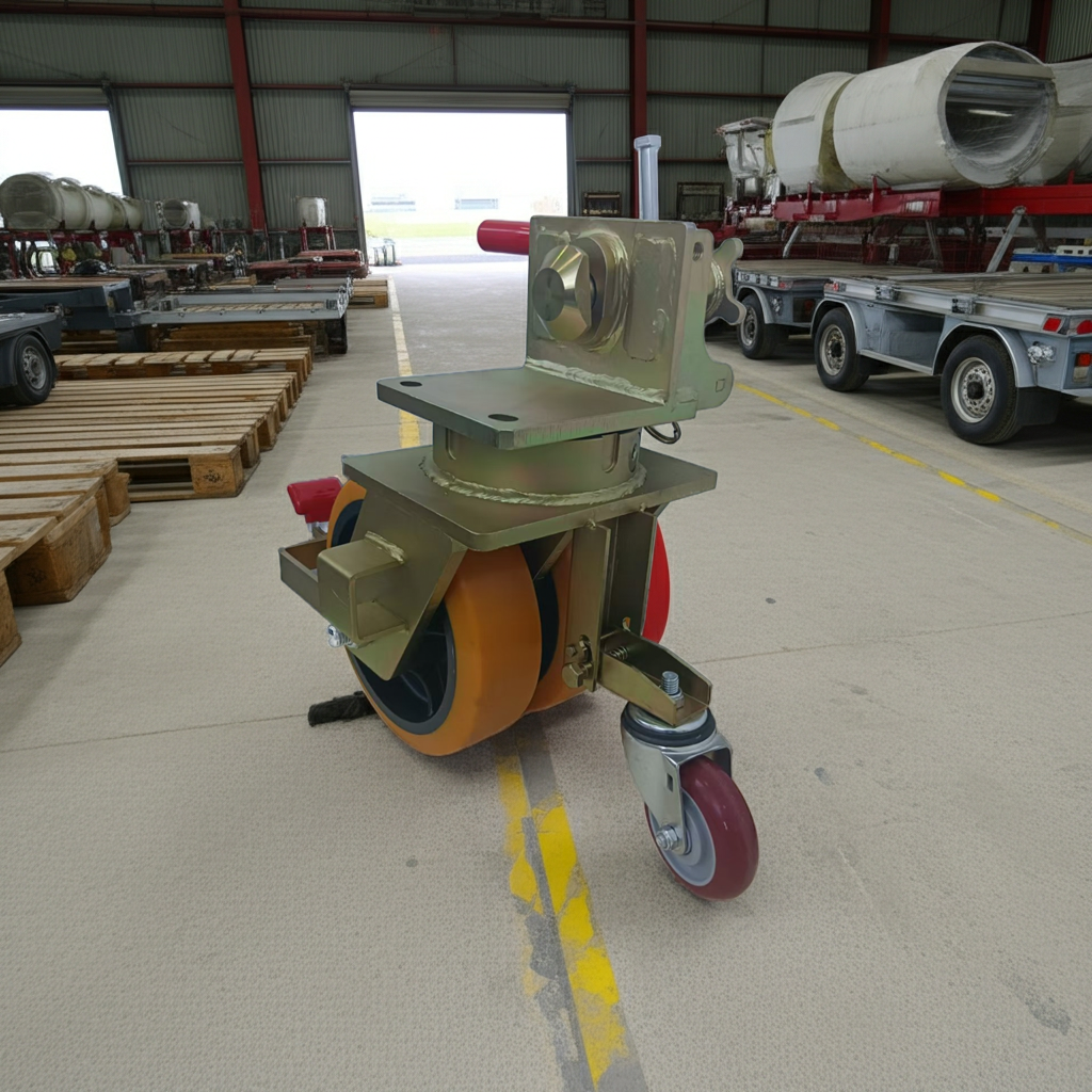 Heavy-duty shipping container wheel mounted on a cargo container for controlled movement.