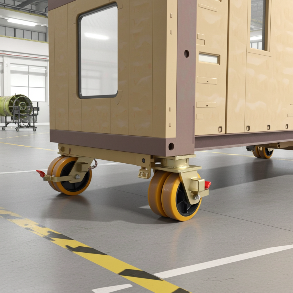 Heavy-duty container caster wheel mounted on a metal container, designed for smooth mobility and high load capacity