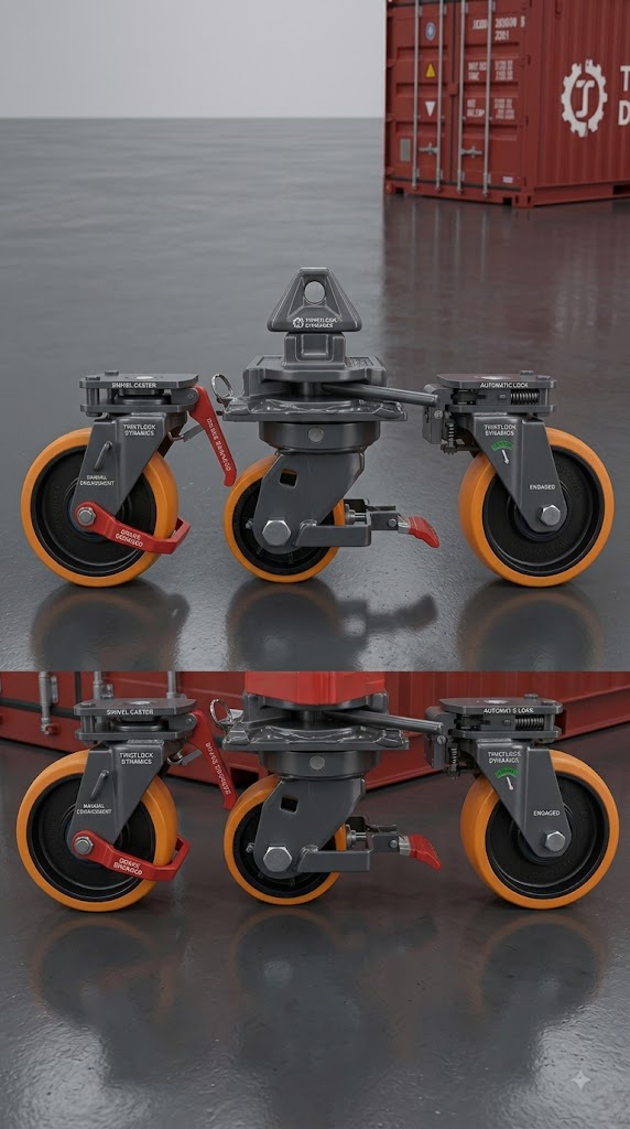 A photorealistic comparison of a red bottom twist-lock caster (left) and an orange automatic twist-lock caster (right) attached to the corner castings of shipping containers, illustrating two types of shipping container wheels.