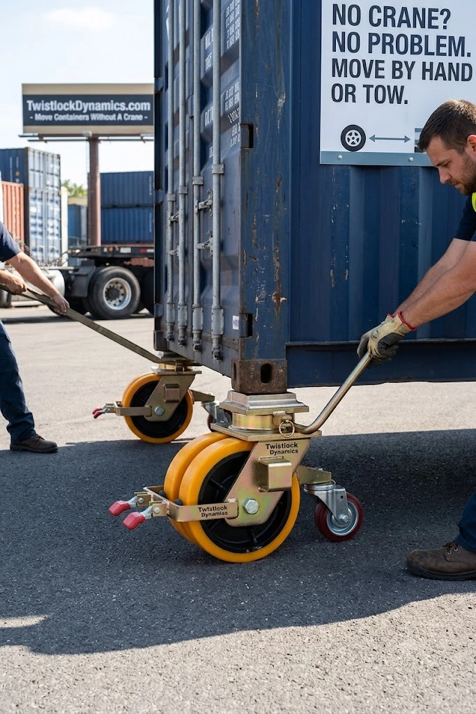 A detailed, industrial product shot of a heavy-duty, gold-colored metal swivel caster wheel assembly, specifically designed for shipping containers. The unit features two large, vibrant yellow-orange polyurethane wheels on a shared axle within a zinc-plated steel fork. Mounted on top is a robust, cast metal mechanism with a standardized ISO twist-lock pin and lynch pin retainer, designed to insert into and lock onto a shipping container's corner casting. The assembly includes two red handle directional locks, a red brake pedal near a smaller trailing red-wheeled caster, and is branded with "TWISTLOCK DYNAMICS" on the metal frame.
