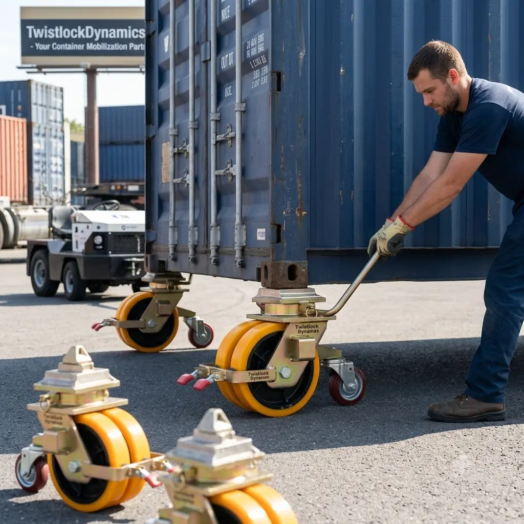 A detailed product application photograph shows a set of three heavy-duty shipping container wheels on a concrete lot. In the foreground, one multi-wheel, yellow and gold-passivated steel caster is in sharp focus, showing its rugged construction. Behind it, a manual worker in gloves stands next to a weathered blue shipping container with an identical wheel unit already secured to its corner casting. A second complete container is partially visible further back, demonstrating the process of mobilizing large units on a complex industrial site.