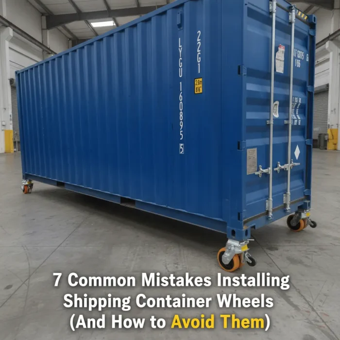 Heavy-duty shipping container wheels being installed into ISO corner castings to safely mobilize a shipping container.