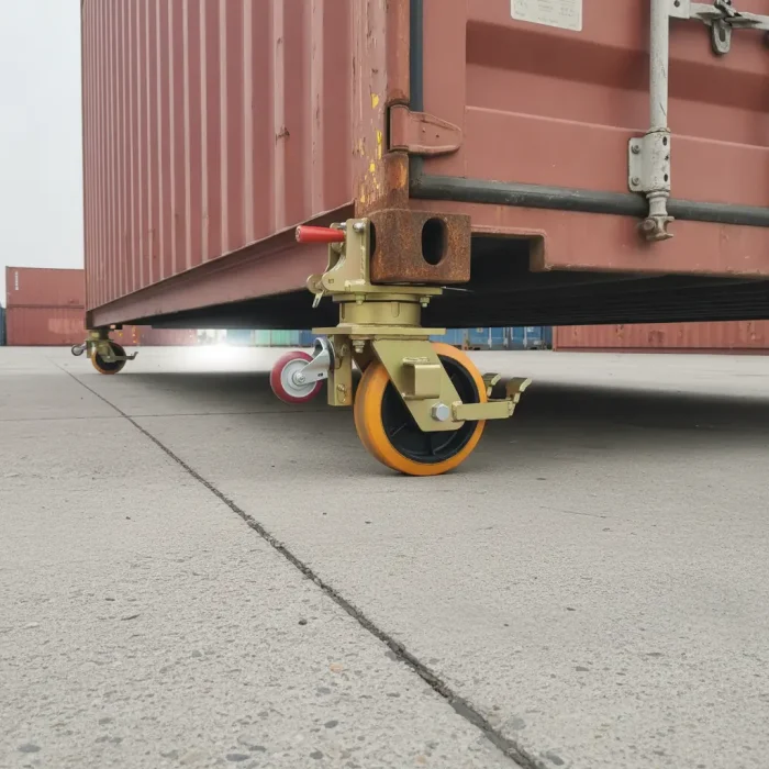 Heavy-duty casters for shipping containers mounted on ISO 1161 corner castings
