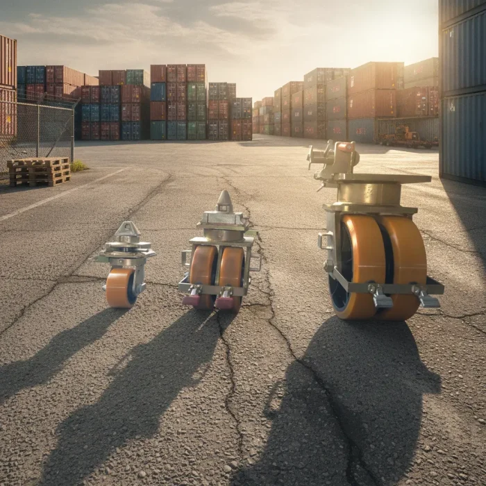 Load capacity chart comparing dynamic weight ratings for Compact, Pro, and Xtreme container wheels.
