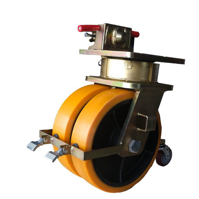 Compact shipping container wheels enabling easy relocation of storage container in warehouse setting.
