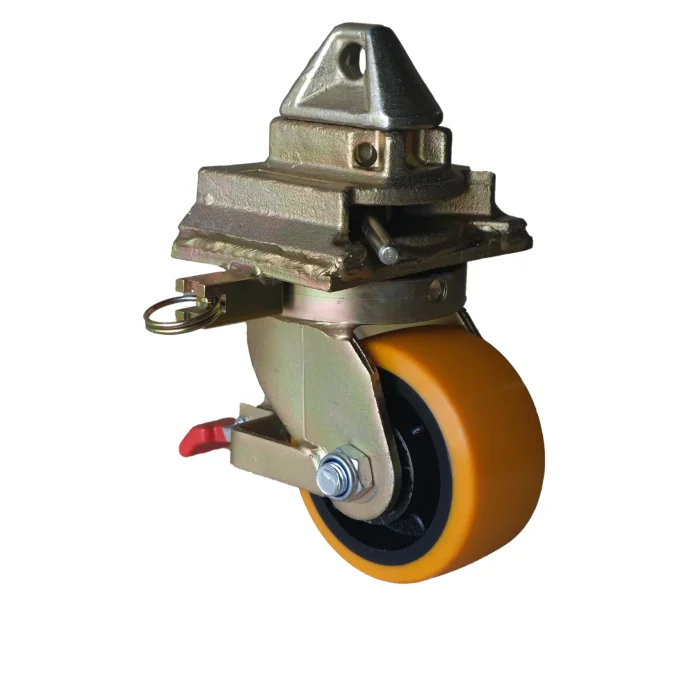 Close-up of a single shipping container wheel with steel bracket and polyurethane tire.