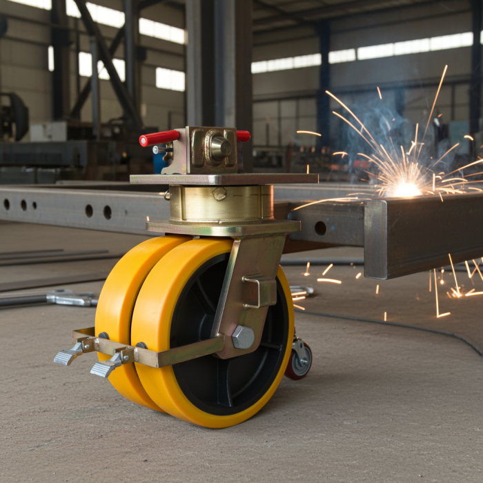 Reinforced steel container wheels with swivel casters designed for easy maneuvering of heavy storage containers.