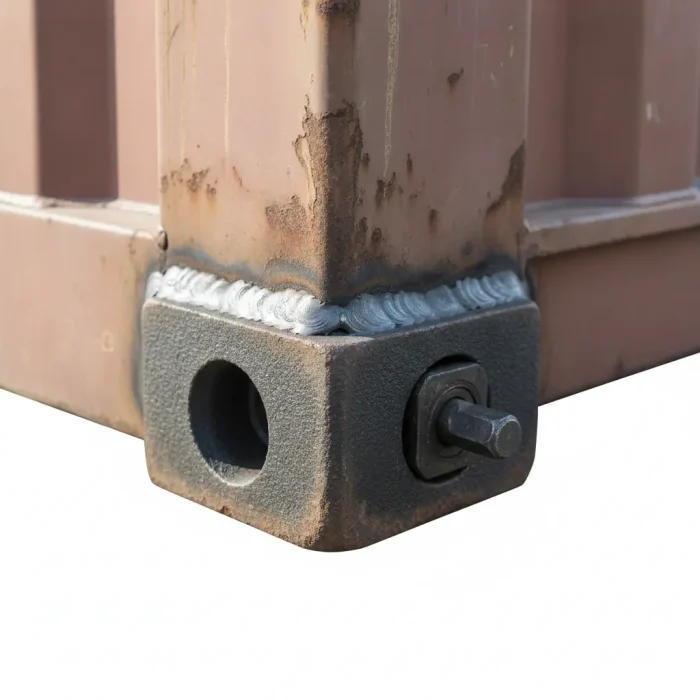 Close-up of an ISO 1161 corner casting on a shipping container corner