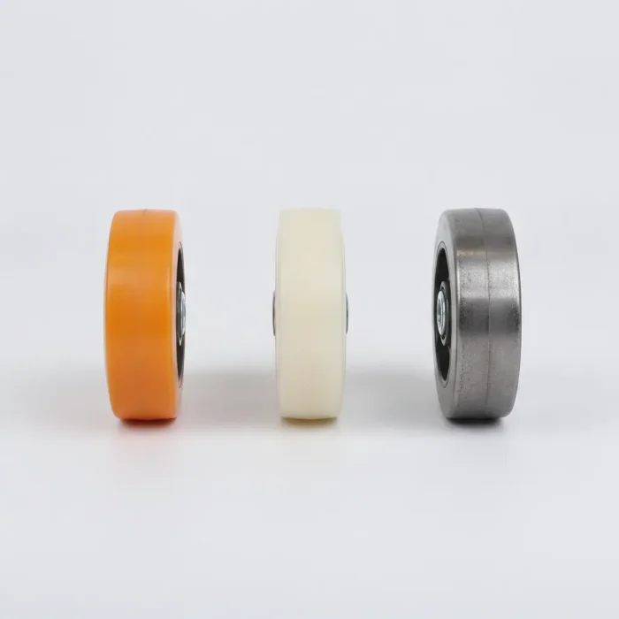 Polyurethane, nylon, and steel container wheels compared side by side